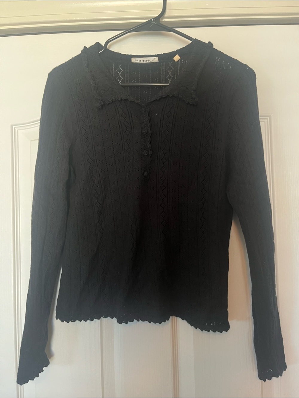 Doen Mia Henley Knit Pointelle Top Black Size S